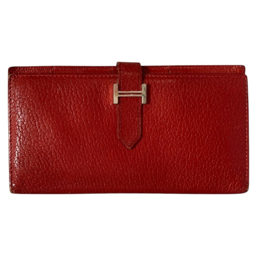 HERMES Bearn Soufflé Leather Long Wallet, Bi-fold Red, □J Stamp, Women's
